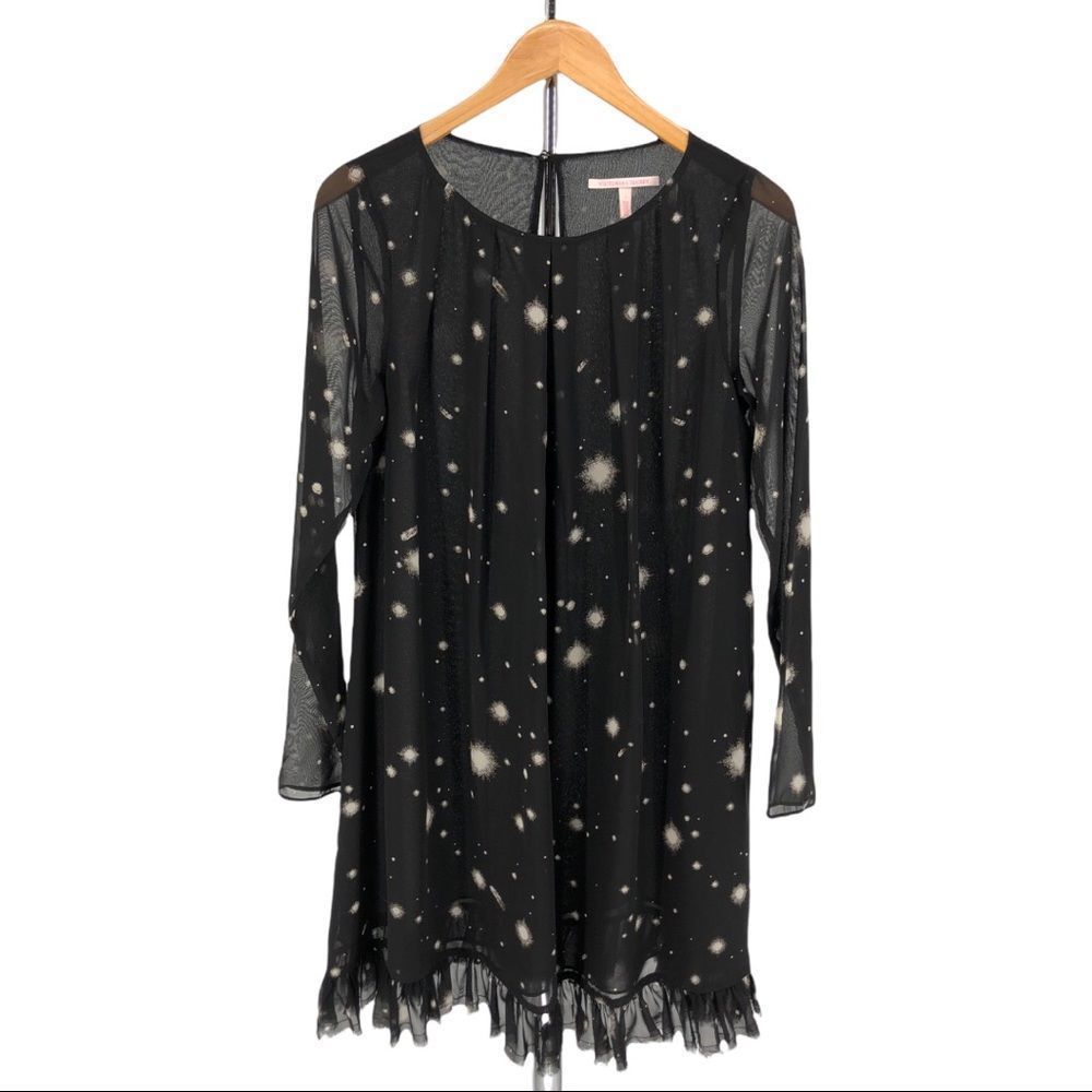 Victoria’s Secret Black Celestial Print Semi-Sheer Ruffle Trim Long Sleeve Dress